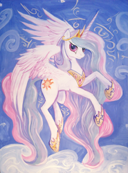 Size: 2409x3256 | Tagged: safe, artist:dalagar, princess celestia, alicorn, pony, unicorn, cloud, cloudy, female, flying, looking at you, mare, painting, smiling, solo, spread wings, traditional art