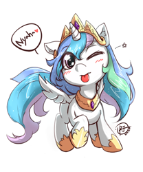 Size: 500x600 | Tagged: safe, artist:rojek-kor, princess celestia, alicorn, pony, bed mane, blushing, cute, cutelestia, daaaaaaaaaaaw, female, hnnng, mare, one eye closed, solo, tongue out, younger