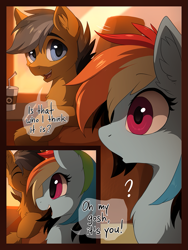 Size: 829x1100 | Tagged: safe, artist:hioshiru, derpibooru import, quibble pants, rainbow dash, earth pony, pegasus, pony, comic:tale road, bendy straw, cheek fluff, chest fluff, coffee, comic, cute, dialogue, drinking straw, duo, ear fluff, eyelashes, eyes closed, female, fluffy, happy, male, mare, open mouth, question mark, quibbledash, shipping, shrunken pupils, smiling, speech bubble, stallion, straight, surprised, train, wide eyes