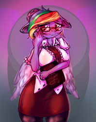 Size: 1280x1615 | Tagged: safe, artist:woofmaple, derpibooru import, rainbow dash, anthro, adorasexy, adorkable, book, clothes, cosplay, costume, cute, dork, floppy ears, glasses, halloween, holiday, moe, pantyhose, sexy, shy, skirt, teacher, thighs