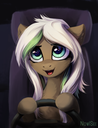 Size: 1370x1782 | Tagged: safe, artist:inowiseei, derpibooru import, oc, oc only, oc:lynn, pony, car, cute, driving, female, mare, ocbetes, open mouth, seat, smiling, solo, steering wheel