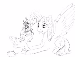 Size: 3300x2550 | Tagged: safe, artist:silfoe, derpibooru import, twilight sparkle, twilight sparkle (alicorn), oc, oc:eventide glisten, alicorn, pony, alicorn oc, black and white, duo, eyes closed, female, filly, fire, glowing horn, grayscale, magic, magical lesbian spawn, mare, monochrome, mother and child, mother and daughter, offspring, other royal book, parent and child, parent:princess luna, parent:twilight sparkle, parents:twiluna, prone, simple background, sketch, smiling, white background