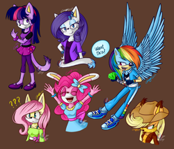 Size: 1600x1365 | Tagged: safe, artist:mysteryponyfan, derpibooru import, applejack, fluttershy, pinkie pie, rainbow dash, rarity, twilight sparkle, anthro, cat, coyote, fox, hedgehog, rabbit, bunnified, bunny pie, catified, chaos emerald, crossover, dialogue, mane six, question mark, sonic the hedgehog (series), sonicified, species swap, vixen