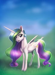 Size: 2453x3324 | Tagged: safe, artist:nadnerbd, derpibooru import, princess celestia, alicorn, pony, female, grass, horn, looking at you, mare, sky, smiling, solo, wings