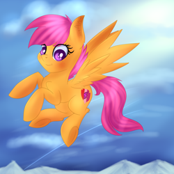 Size: 1710x1707 | Tagged: safe, artist:brok-enwings, derpibooru import, scootaloo, pegasus, pony, cute, cutealoo, female, filly, mountain, mountain range, scootaloo can fly, sky, solo, the cmc's cutie marks, underhoof