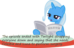 Size: 1377x900 | Tagged: safe, princess celestia, princess luna, trixie, twilight sparkle, alicorn, pony, unicorn, female, insane pony thread, mare, newspaper, solo, surgery