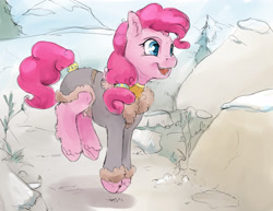 Size: 2640x2040 | Tagged: safe, artist:silfoe, derpibooru import, pinkie pie, earth pony, pony, alternate universe, belt, clothes, cute, diapinkes, female, fluffy, happy, hopping, mare, nomad au, pronking, royal multiverse, sky, smiling, snow, solo, tail wrap, tree