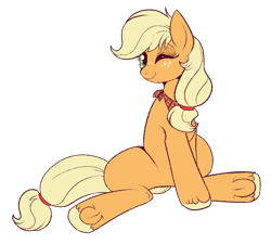 Size: 800x719 | Tagged: safe, artist:lulubell, derpibooru import, applejack, earth pony, pony, bandana, female, mare, one eye closed, simple background, sitting, smiling, solo, transparent background, underhoof, wink