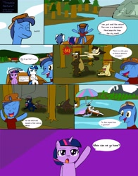 Size: 4631x5920 | Tagged: safe, artist:helsaabi, night light, princess celestia, shining armor, twilight sparkle, wild fire, oc, oc:mandopony, alicorn, bear, pony, timber wolf, unicorn, absurd resolution, comic, filly, parent