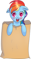 Size: 855x1600 | Tagged: safe, artist:brok-enwings, derpibooru import, rainbow dash, pegasus, pony, bag, blushing, cute, dashabetes, female, floppy ears, looking at you, mare, multicolored hair, open mouth, paper bag, simple background, smiling, solo, transparent background