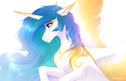 Size: 1700x1100 | Tagged: safe, artist:fenwaru, derpibooru import, princess celestia, alicorn, pony, alternate design, ear fluff, female, mare, signature, solo, spread wings, wings