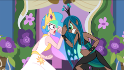 Size: 1920x1080 | Tagged: safe, artist:trinityinyang, princess celestia, queen chrysalis, a canterlot wedding, humanized, scene interpretation