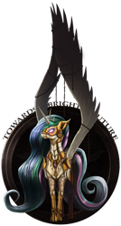 Size: 1600x2975 | Tagged: safe, artist:i-am-knot, princess celestia, alicorn, pony, armor, bridle, chains, glare, glowing eyes, large wings, mask, solar empire, solo, spread wings