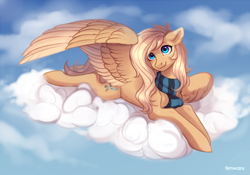 Size: 2000x1400 | Tagged: safe, artist:fenwaru, derpibooru import, oc, oc only, oc:mirta whoowlms, pegasus, pony, clothes, cloud, cutie mark, female, hooves, lying, lying on a cloud, mare, on a cloud, prone, scarf, smiling, solo, spread wings, wings