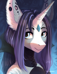 Size: 1000x1300 | Tagged: safe, artist:fenwaru, derpibooru import, oc, oc only, anthro, unicorn, abstract background, bust, clothes, diadem, ear fluff, female, gem, horn, jewelry, looking at you, mare, portrait, solo