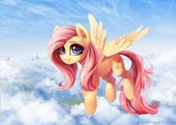 Size: 4961x3508 | Tagged: safe, artist:adagiostring, artist:inowiseei, derpibooru import, fluttershy, pegasus, pony, collaboration, absurd resolution, cheek fluff, cloud, cute, ear fluff, female, flying, looking at you, mare, scenery, shyabetes, sky, smiling, smiling at you, solo, spread wings, wings