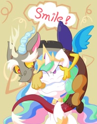 Size: 942x1200 | Tagged: safe, artist:nyankamedon, discord, princess celestia, alicorn, draconequus, pony, celestia is not amused, discord being discord, pixiv, smiling, this will end in pain, this will end in petrification