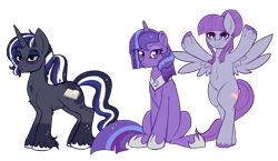 Size: 1096x634 | Tagged: safe, artist:lulubell, derpibooru import, oc, oc only, oc:moonlight eve, oc:serene skies, oc:somni, bipedal, glasses, magical lesbian spawn, next generation, offspring, parent:princess luna, parent:twilight sparkle, parents:twiluna, simple background, transparent background, unshorn fetlocks