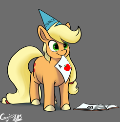 Size: 1215x1236 | Tagged: safe, artist:greyscaleart, derpibooru import, applejack, earth pony, pony, appul, cute, dunce hat, female, filly, filly applejack, hat, jackabetes, mouth hold, silly, silly pony, solo, younger