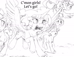 Size: 6600x5100 | Tagged: safe, artist:silfoe, derpibooru import, applejack, fluttershy, pinkie pie, rainbow dash, rarity, twilight sparkle, twilight sparkle (alicorn), alicorn, earth pony, pegasus, pony, unicorn, absurd resolution, dialogue, eyes closed, female, flying, grayscale, mane six, mare, monochrome, open mouth, royal sketchbook, running, simple background, single panel, speech bubble, spread wings, white background, wings, yelling
