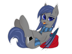 Size: 2000x1500 | Tagged: safe, artist:keupoz, derpibooru import, oc, oc only, oc:midnight feathers, bat pony, bat pony oc, clothes, lying, pillow, scarf, simple background, tongue out, transparent background