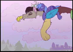 Size: 1000x710 | Tagged: safe, artist:lulubell, derpibooru import, discord, princess luna, pegasus, pony, cloud, cloud bed, nap, pegasus luna, race swap, sleeping, sunrise, younger