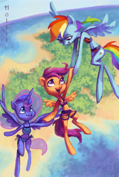 Size: 2895x4311 | Tagged: safe, artist:holivi, derpibooru import, princess luna, rainbow dash, scootaloo, anthro, semi-anthro, beach, belly button, bikini, clothes, female, flying, scootalove, swimsuit, trio, trio female