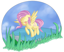 Size: 1897x1556 | Tagged: safe, artist:brok-enwings, derpibooru import, fluttershy, pegasus, pony, blushing, cute, eyes closed, female, flying, mare, plant, pond, raised hoof, rock, shyabetes, simple background, smiling, solo, spread wings, transparent background, water, wings