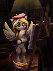 Size: 1500x1990 | Tagged: safe, artist:inowiseei, derpibooru import, oc, oc only, oc:sinrar, pegasus, pony, artist, beret, bipedal, canvas, chest fluff, cute, hat, male, ocbetes, paint, paint splatter, solo, spread wings, stallion, wings, ych result