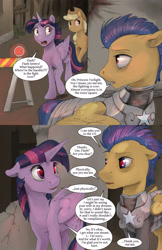 Size: 2640x4080 | Tagged: safe, artist:silfoe, derpibooru import, applejack, flash sentry, twilight sparkle, twilight sparkle (alicorn), alicorn, earth pony, pegasus, pony, armor, comic, dialogue, female, male, mare, royal sketchbook, speech bubble, stallion