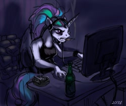 Size: 800x672 | Tagged: safe, artist:2078, princess celestia, anthro, ashtray, computer, headset, smoking