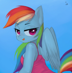 Size: 782x787 | Tagged: safe, artist:ehfa, derpibooru import, rainbow dash, anthro, bedroom eyes, blue background, clothes, female, lidded eyes, looking at you, looking back, simple background, solo, tongue out