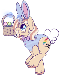 Size: 710x883 | Tagged: safe, artist:lulubell, derpibooru import, oc, oc only, oc:lulubell, animal costume, basket, bunny ears, bunny suit, clothes, costume, easter bunny, easter egg, freckles, glasses, hopping, simple background, solo, transparent background