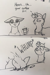 Size: 1280x1920 | Tagged: safe, artist:greyscaleart, derpibooru import, oc, oc only, oc:tim, pony, :p, coffee, comic, dilated pupils, silly, tongue out, traditional art