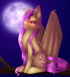 Size: 3874x4264 | Tagged: safe, artist:spirit-1, derpibooru import, fluttershy, bat pony, pony, bat wings, chest fluff, ear fluff, fangs, female, flutterbat, full moon, large wings, leg fluff, mare, moon, night, night sky, race swap, sitting, sky, slit eyes, solo, spread wings, starry night, wings