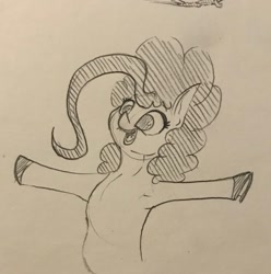 Size: 1268x1280 | Tagged: safe, artist:greyscaleart, derpibooru import, pinkie pie, earth pony, pony, armpits, female, mare, monochrome, simple background, sketch, solo, traditional art