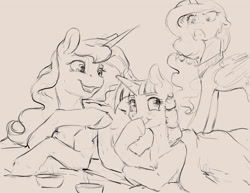 Size: 3300x2550 | Tagged: safe, artist:silfoe, derpibooru import, princess celestia, princess luna, twilight sparkle, unicorn twilight, alicorn, pony, unicorn, alternate universe, blanket, celestia is not amused, female, grayscale, laughing, mare, monochrome, nomad au, prone, raised hoof, royal multiverse, royal sisters, simple background, sisters, tan background, trio, unamused