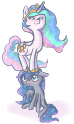 Size: 696x1160 | Tagged: safe, artist:tanyamya, princess celestia, princess luna, alicorn, pony, female, simple background, smug, white background