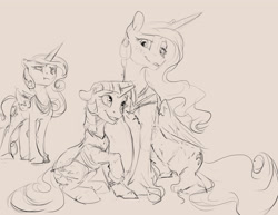 Size: 3300x2550 | Tagged: safe, artist:silfoe, derpibooru import, princess cadance, princess celestia, twilight sparkle, unicorn twilight, alicorn, pony, unicorn, alternate universe, cadance is not amused, female, grayscale, horn, mare, monochrome, nomad au, raised hoof, royal multiverse, royal sisters, tan background, trio, unamused, wings