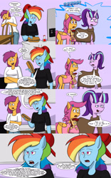 Size: 2560x4096 | Tagged: safe, artist:7thdementia, derpibooru import, rainbow dash, scootaloo, starlight glimmer, oc, oc:lightning blitz, anthro, pegasus, comic:ask motherly scootaloo, baby, baby pony, chair, cloak, clothes, comic, female, food, hairpin, holding a pony, male, mother and child, mother and son, motherly scootaloo, offspring, older, older scootaloo, parent and child, parent:rain catcher, parent:scootaloo, parents:catcherloo, refrigerator, sandwich, self ponidox, serious rainbow, serious scootaloo, speech bubble, sweatshirt, table, vulgar