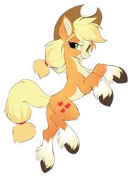 Size: 1105x1470 | Tagged: safe, artist:hioshiru, derpibooru import, applejack, earth pony, pony, alternate design, blaze (coat marking), chest fluff, colored hooves, cowboy hat, ear fluff, female, freckles, hairband, hat, leg fluff, looking at you, mare, redesign, side view, simple background, socks (coat marking), solo, tail band, unshorn fetlocks, white background