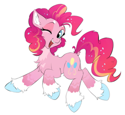 Size: 1253x1149 | Tagged: safe, artist:hioshiru, derpibooru import, pinkie pie, earth pony, pony, alternate design, cheek fluff, chest fluff, coat markings, colored hooves, ear fluff, female, happy, leg fluff, looking at you, mare, multicolored hair, multicolored mane, multicolored tail, one eye closed, open mouth, redesign, side view, simple background, smiling, socks (coat marking), solo, unshorn fetlocks, white background
