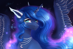 Size: 3000x2000 | Tagged: safe, artist:fenwaru, derpibooru import, princess luna, alicorn, pony, abstract background, alternate design, beautiful, bust, coat markings, colored ears, ear fluff, ethereal mane, feathered bat wings, female, horn jewelry, jewelry, large wings, looking at you, mare, missing accessory, necklace, slit eyes, smiling, solo, spread wings, starry mane, wing claws, wings