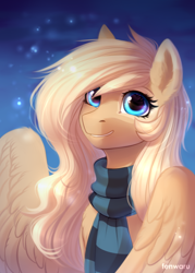 Size: 1000x1400 | Tagged: safe, artist:fenwaru, derpibooru import, oc, oc only, oc:mirta whoowlms, pegasus, pony, abstract background, blonde, blue eyes, chest fluff, clothes, ear fluff, female, gift art, mare, scarf, smiling, solo