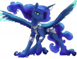 Size: 1980x1530 | Tagged: safe, artist:silfoe, derpibooru import, princess luna, alicorn, pony, alternate universe, colored wings, colored wingtips, ethereal fetlocks, ethereal mane, female, horn cap, horn jewelry, jewelry, mare, nomad au, royal multiverse, simple background, solo, spread wings, starry mane, unshorn fetlocks, white background, wings