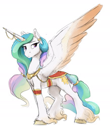 Size: 1333x1530 | Tagged: safe, artist:silfoe, derpibooru import, princess celestia, alicorn, pony, alternate universe, clothes, colored wings, colored wingtips, ear piercing, earring, ethereal fetlocks, ethereal mane, female, horn jewelry, jewelry, mare, nomad au, piercing, royal multiverse, simple background, solo, spread wings, unshorn fetlocks, white background, wings