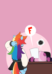 Size: 2480x3507 | Tagged: safe, artist:tsudanym, derpibooru import, cheerilee, rainbow dash, anthro, art pack:lesson learned 2, clothes, desk, f, female, pleated skirt, skirt, student, sweat, sweatdrop, teacher, thighs