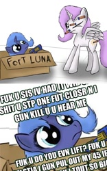 Size: 702x1128 | Tagged: safe, artist:ninjapony, princess celestia, princess luna, alicorn, pony, box, box fort, cute, do you even lift, filly, fort luna, image macro, nerf gun, pink-mane celestia, sisters, vulgar, woona, younger