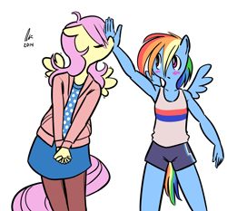 Size: 1500x1400 | Tagged: safe, artist:rwl, derpibooru import, fluttershy, rainbow dash, anthro, pegasus, armpits, blushing, clothes, duo, eyes closed, female, flapping, flutterdash, high five, kissing, lesbian, shipping, shorts, simple background, skirt, wide eyes, you're doing it wrong
