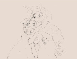 Size: 3300x2550 | Tagged: safe, artist:silfoe, derpibooru import, princess luna, twilight sparkle, alicorn, pony, female, lesbian, mare, monochrome, nomad au, royal multiverse, shipping, simple background, sketch, twiluna